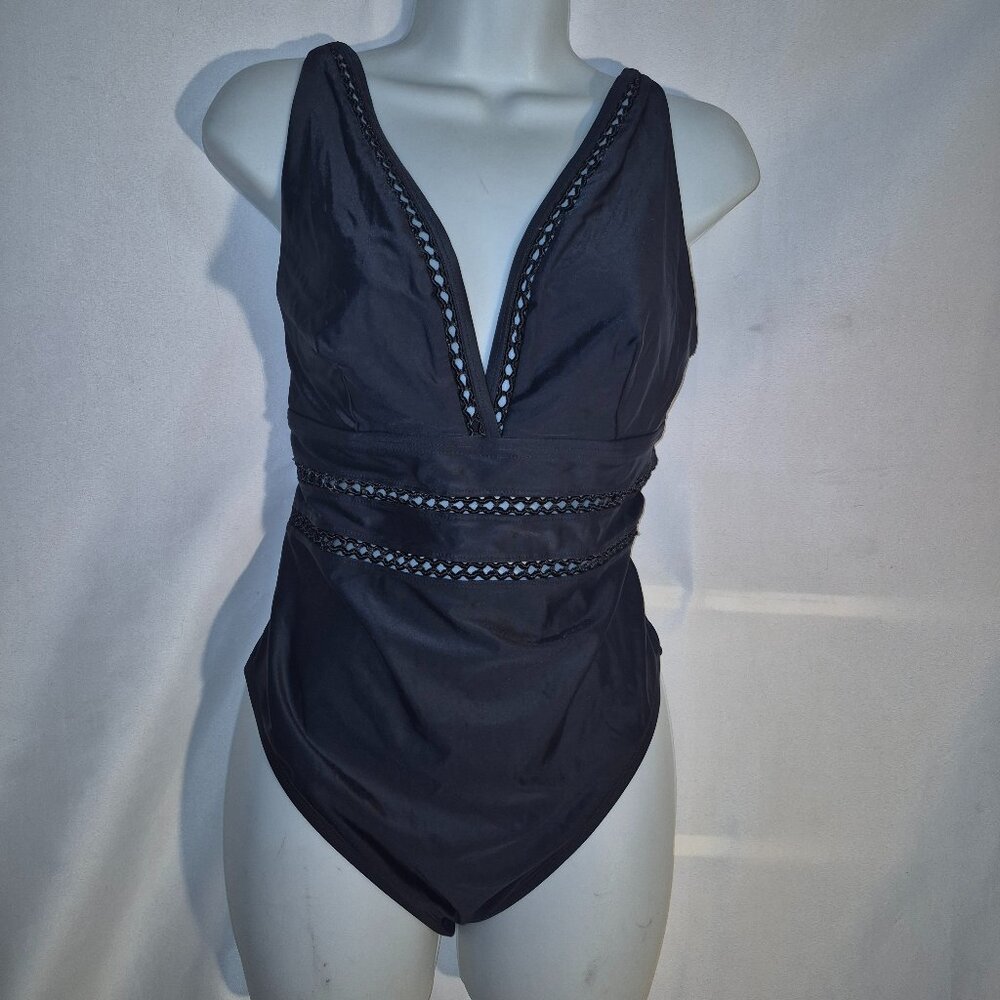 SWIMSUITS FOR ALL black one-piece swimsuit with perforated design in size 18